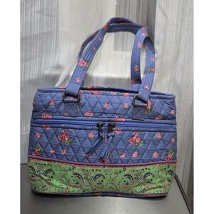 TEN BEARS Double Handle Blue/Green‎ Floral Vintage Quilted Purse YKK